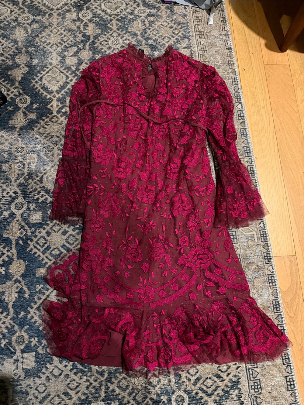 Needle & Thread Burgundy Floral Lace Ruffle Hem Dress